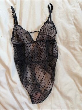 Victoria's Secret Black Sheer Lace Polka Dot Bodysuit Chemise